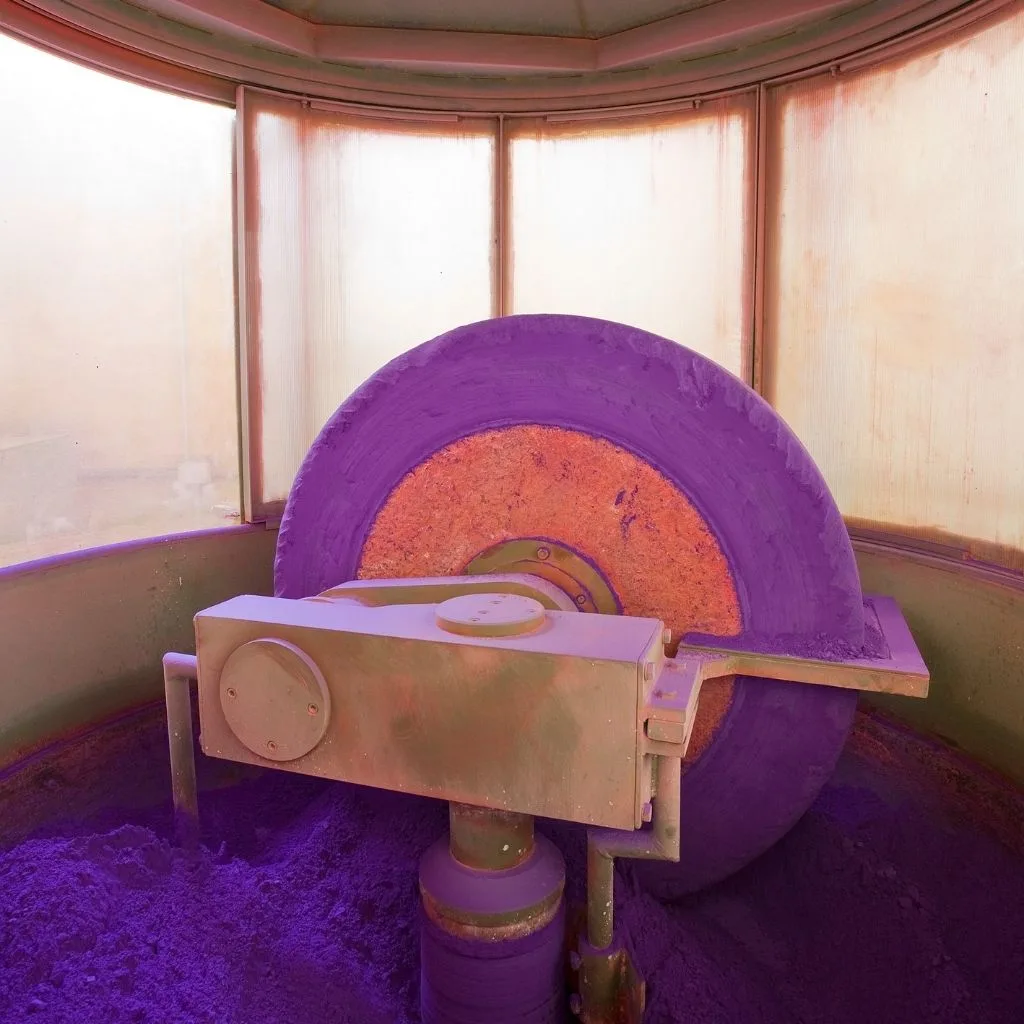 Antica macina a pietra che macina la terra viola