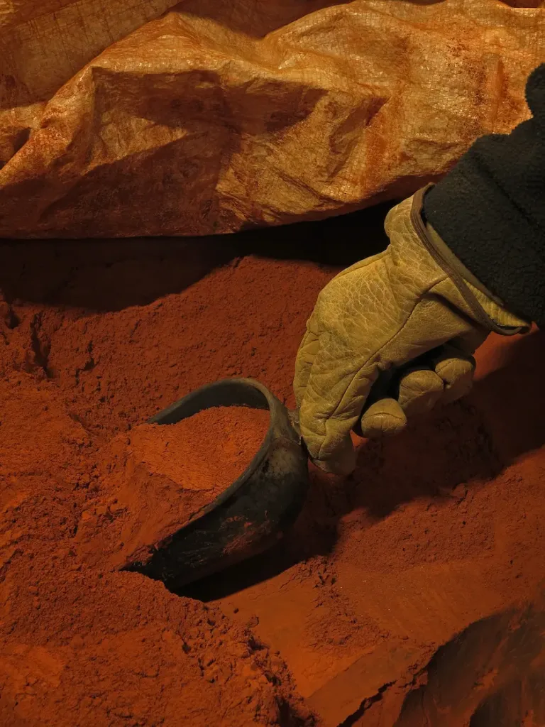 Mano con guanto che raccoglie con una paletta della terra bruciata da un sacco